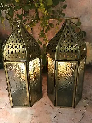 Buy Set Of Two Moroccan Style Lanterns Brass Antique Glass Tea Light Candle Holders • 29.95£