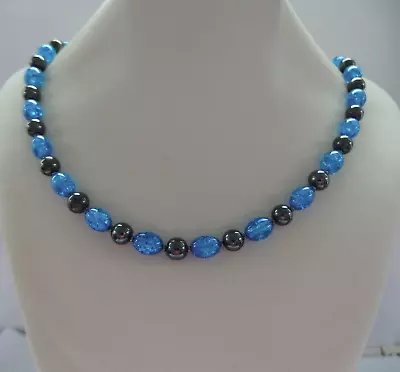 Buy Azure Blue Crackle Glass And Hematite Bead Necklace • 5.49£