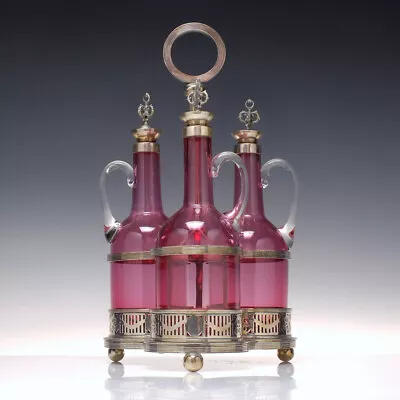 Buy Three Victorian Glass Cranberry Claret Jugs / Decanters In Silver Plated Frame • 475£