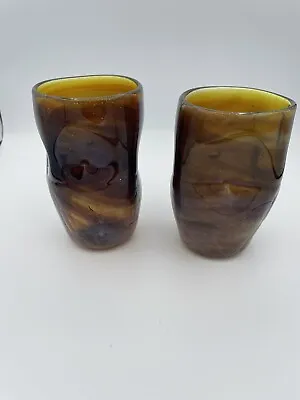 Buy Hand Blown Brown Yellow Amber Swirl Crackle Glass Juice Glasses-Set Of 2 • 14.23£