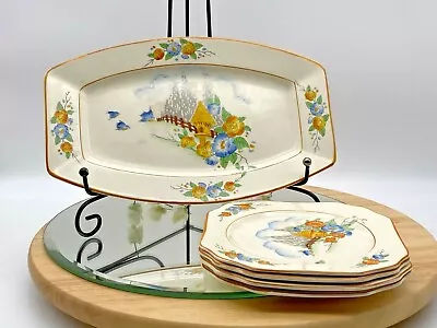 Buy Vintage Porcelain 'Crown Devon' 5 Pieces Set 4 Dessert Plates & Serving Plate • 120£