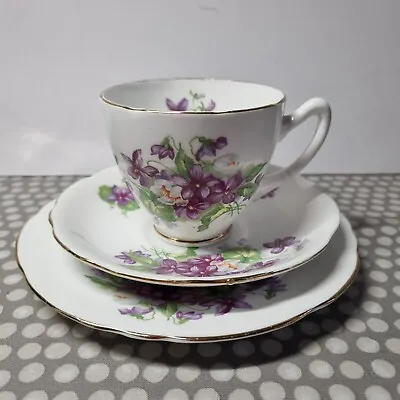 Buy  Crown  Fine Bone China Tea Trio With Purple Floral Decoration • 5.99£