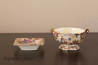 Buy Vintage 1950's Maling Lustre Ware Floral Pink & Brown Chintz Small Bowl And Dish • 22.50£