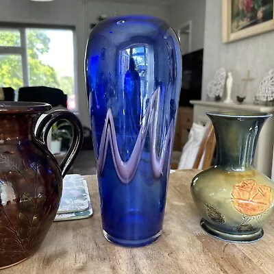 Buy Vintage Glass Cobalt Blue Vase Handblown Art Glass With Pink Swirl 31cm Tall • 29£