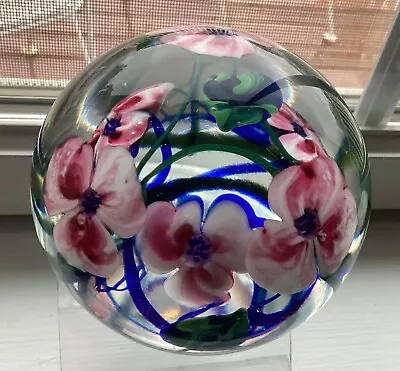 Buy 1996 Richard Olma Signed Floral White Blue Tread Green Leaves Glass Paperweight • 118.59£