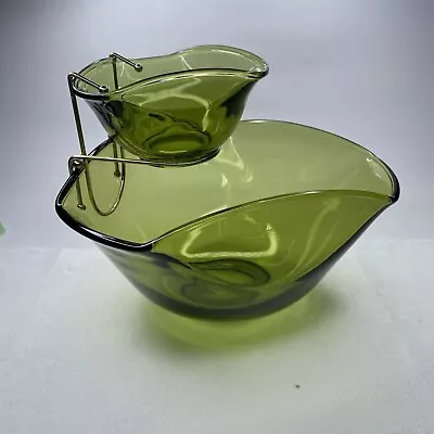 Buy Vintage Indiana Glass Salad Set Olive Green Chip Dip Bowls W/Rack • 21.95£