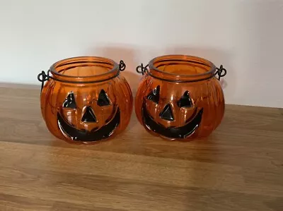 Buy Pair Of Cute Pumpkin Orange Glass Hanging Tealight Holders Halloween Gothic Alt • 6.95£