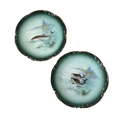 Buy Limoges Plates French Hand Painted Porcelain Fish Collector Green Gold Antique • 30£
