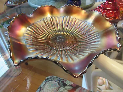Buy Antique C1900 Northwood Rays Amethyst Glass  Ruffled Stippled  Edge Bowl • 33.01£