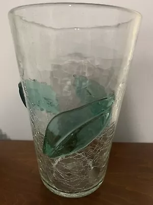 Buy Blenko Vase Crackle Glass Clear With Green Leaves 9.5  • 28.81£