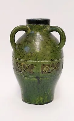 Buy Belgian, Period Art Nouveau Tri- Handled Green Stoneware Bouffioulx Style Vase. • 65.79£
