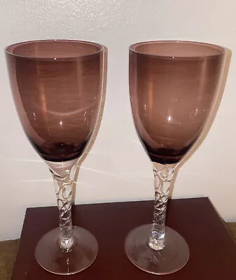 Buy VTG Wine Water Goblets Purple Amethyst Glasses Twisted Clear Stem Set (2) Toast • 16.33£