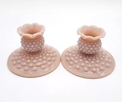 Buy Vintage Fenton Rose Pink Milk Glass Hobnail Candle Stick Holders Pair Candles • 95.89£