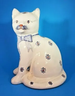 Buy Rye Pottery Sitting Cat Figurine Larger 7½”, Hand Painted White W/blue Flowers • 33.16£