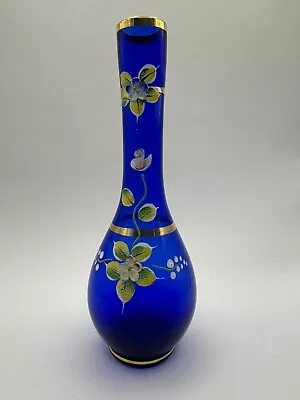 Buy Vintage Bohemian Cobalt Blue Glass Bud Vase Hand Painted Flowers Gold Detail • 18.99£