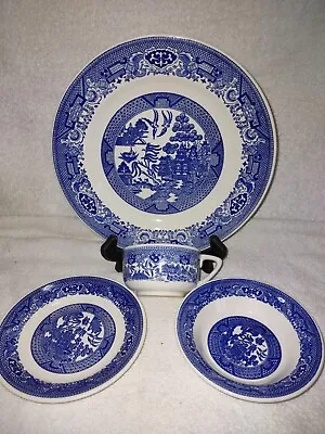 Buy BLUE WILLOW Dinnerware 4 Piece Setting USA Vintage!  In Box ! Old Eaton Pottery • 36.92£