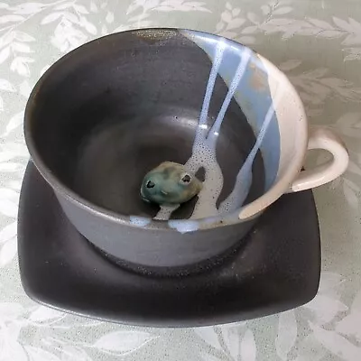 Buy Quirky Fun Studio Pottery Black White Grey Frog In Cup And Saucer • 12.50£