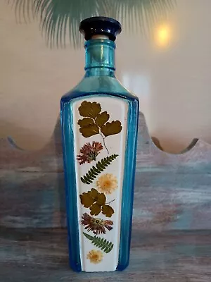 Buy Hand Decorated Blue Glass Bottle Decanter Vase With Pressed Flowers And Leaves • 14.99£