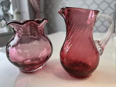 Buy Two Pieces Of Cranberry Glass  Small Jug, And Vase • 6£
