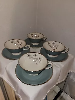 Buy Kingsley By Lenox Footed Cups & Saucer X-445 Floral USA Teal Platinum Set Of 4 • 38.43£