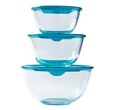 Buy Pyrex Glass Bowl With Blue Lid Microwavable Set Of 3 Pieces - Transparent • 19.22£