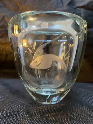 Buy Swedish Strombergsyttan Crystal Art Glass Vase Etched Coy Fish Rare Vintage • 39£