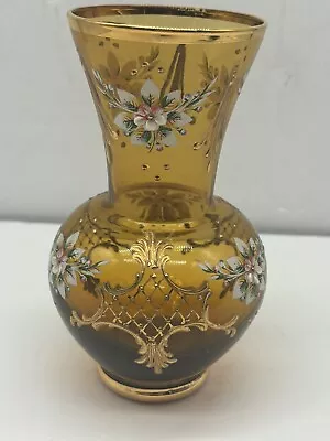 Buy Hand Painted Czech Bohemian Amber Glass Vase With Floral Design &  Gold Gilding • 28.82£