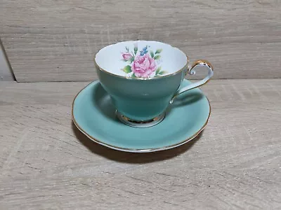 Buy Aynsley Cup And Saucer, Bone China From England, Turquoise W/florals • 47.43£