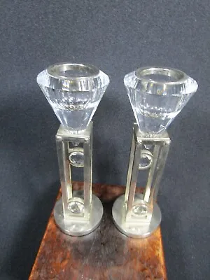 Buy Lovely Pair Of Crystal Cut Glass & White Metal Candle Stick Holders • 9.97£