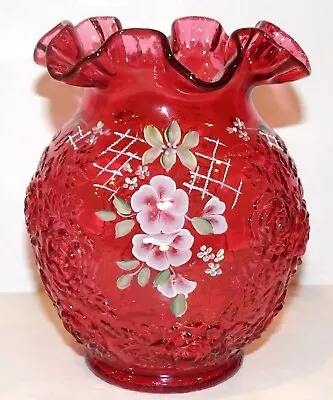 Buy Fenton Art Glass Cranberry Embossed Roses Hand Painted C Griffiths 6 1/2  Vase • 143.60£