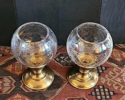 Buy Pair Vintage Brass Cut Crystal Ball Orb Globe Candle Holder Hurricane Lamp Set 2 • 81.92£