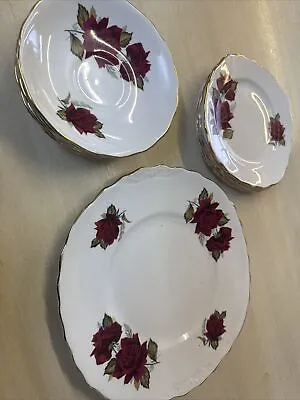 Buy Vintage Royal Vale Pretty Red Roses Bone China Saucers Plates Tea Set. • 15£