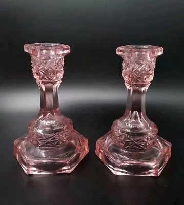 Buy Vintage Pair Of Pink Glass Hexagonal Candlesticks • 16.25£