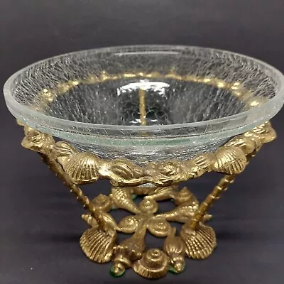 Buy Vintage Crackle Glass Bowl On Solid Brass Base Sea Shell Design • 27.91£