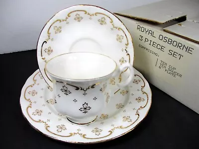 Buy Royal Osborne SET Trio Cup Saucer Plate White Gold Maple Leaf Bone China England • 28.86£