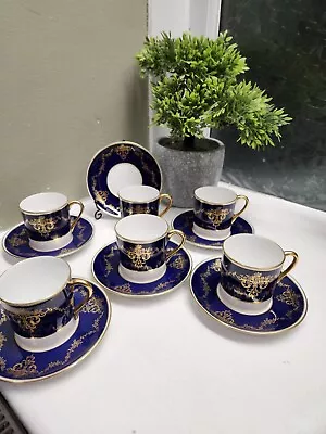 Buy Shelley Cobalt Blue & Gold Coffee Set X6 Small Espresso Cans & Saucers M14179/42 • 3.20£