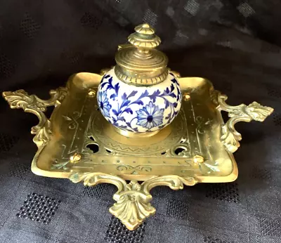 Buy Antique Dutch Delft Blue & White Ceramic And Brass Ink Stand • 80£