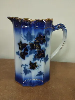Buy Antique, Victorian, Flow Blue, Decorative Jug With Gilt Ivy Leaves, 19.5cm Tall • 7.95£