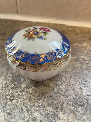 Buy Dresden China Cobalt Blue & Floral Shaped Circular Trinket Box & Lid. • 10£