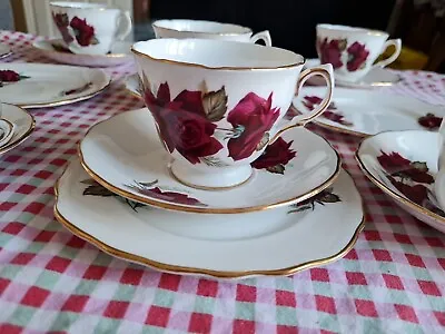 Buy Vintage Royal Vale Pretty Red Roses Bone China Teacup Saucer Plate Trio. • 5.99£