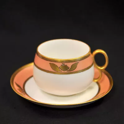 Buy Noritake Nippon Cup Saucer Hand Painted Peachy Pink Gold 2 Ring Handle 1911-1918 • 52.10£