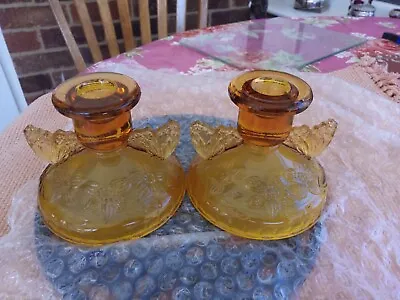 Buy Art Deco 1930's SOWERBY Amber Glass Butterfly Wing Candlesticks X 2 • 15£