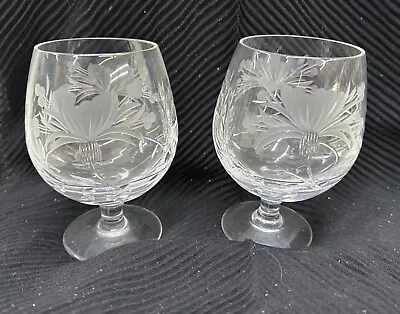 Buy 2 X Royal Brierley Honeysuckle Design Cut Glass Brandy Glasses  • 20£