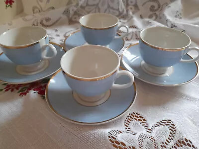 Buy Royal Doulton 4 Cups And Saucers Bone China Blue With Gold Banding • 15£