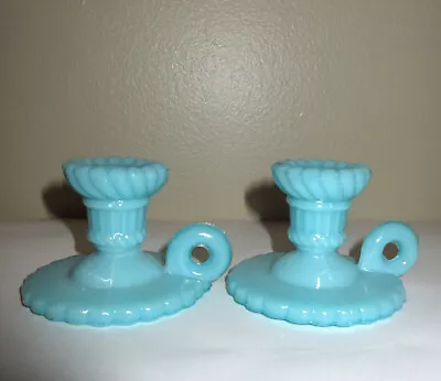 Buy Antique Portieux Vallerysthal 2 Childs Candle Holders W Loop Small Blue Opaline • 33.36£