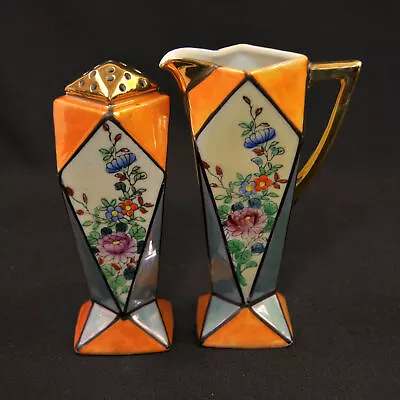 Buy Noritake Sugar Shaker & Tall Creamer Japan 1924-1939 HP Art Deco Cubist Floral • 89.76£