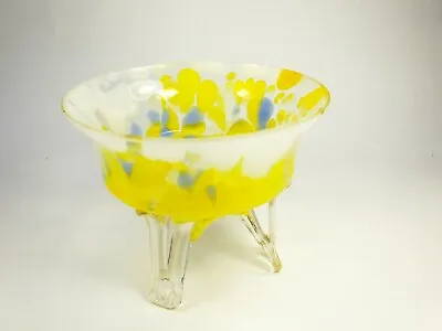 Buy Vintage Czech Bohemian Spatter Art Glass Dish Three Footed Welz? Yellow White • 12.50£