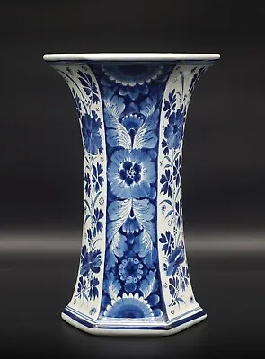 Buy PERFECT Porceleyne Fles/Royal Delft Blue & White Floral Sixsided Delft Vase 1928 • 220.23£