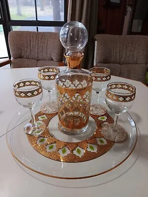 Buy VINTAGE MCM CULVER 22kt GOLD & GREEN DIAMOND DECANTER, TRAY AND 4 SHERRY GLASSES • 141.78£