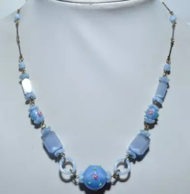 Buy Sweet Vintage Art Deco Blue Satin Glass Wedding Cake Flower Ring Bead Necklace • 34.99£